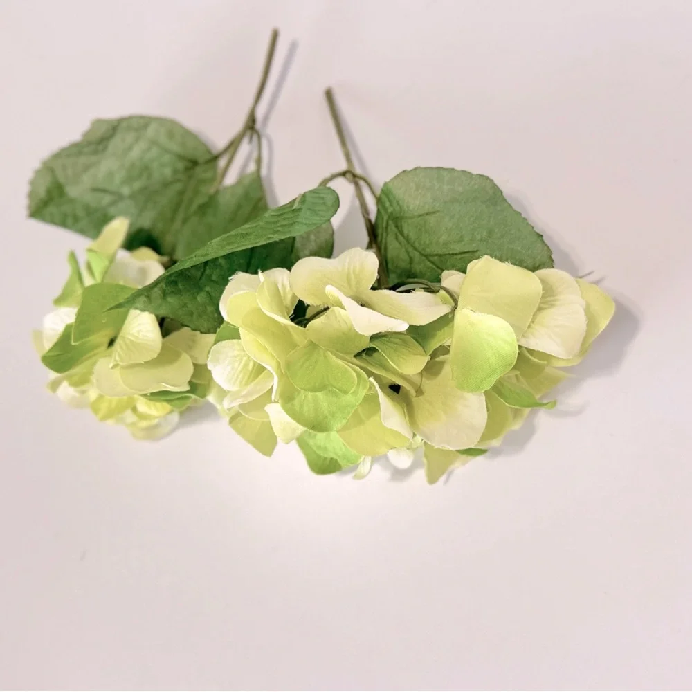 2 SHABBY CHIC Green Hydrangeas w Stems Floral Arrangement Faux Flower LIFELIKE
